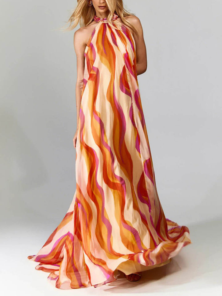 Elegant Braided Halterneck Wave Print Maxi Dress