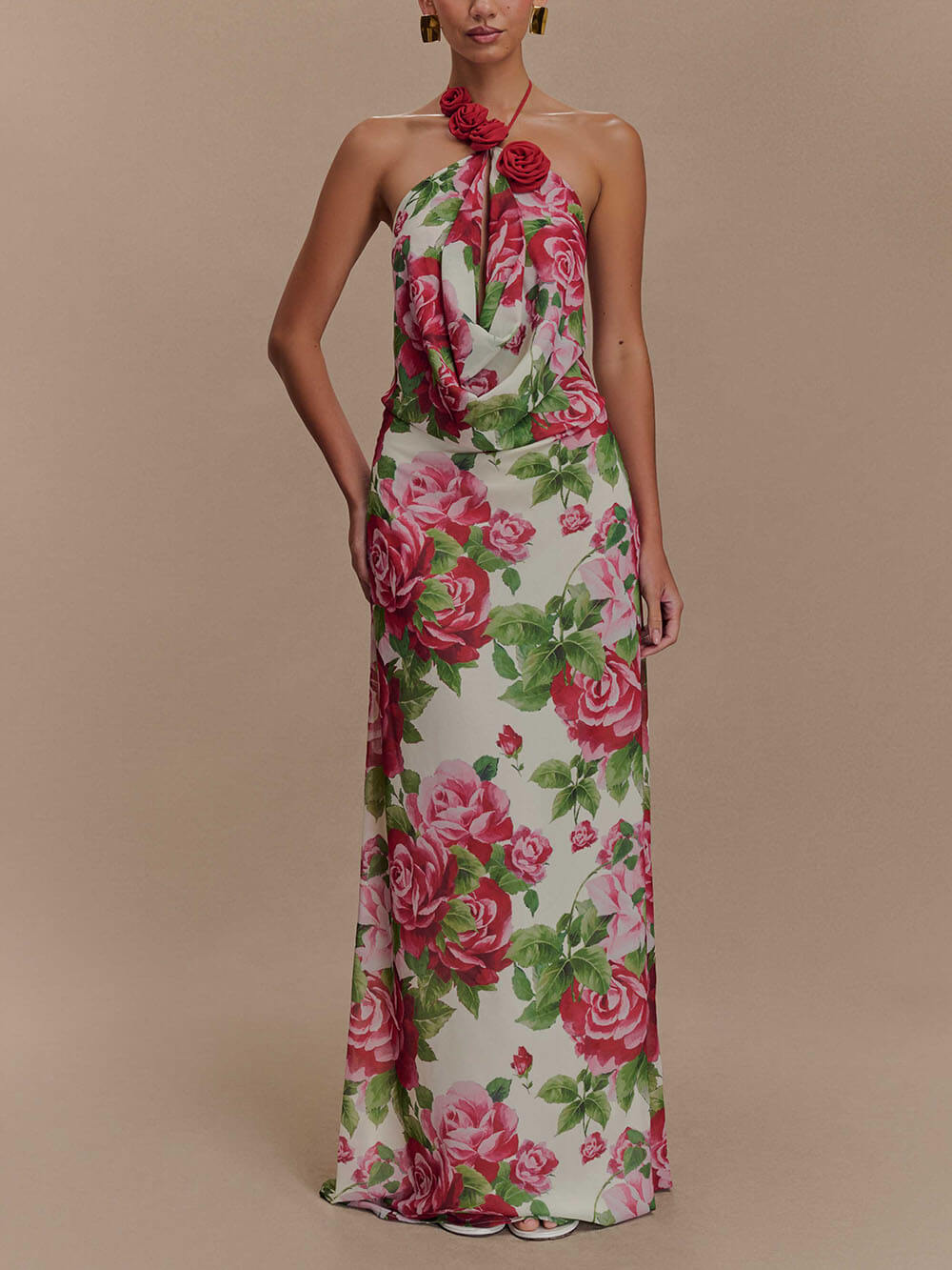 Romance Elegance Rose Printed Applique Cowl Neck Maxi Dress