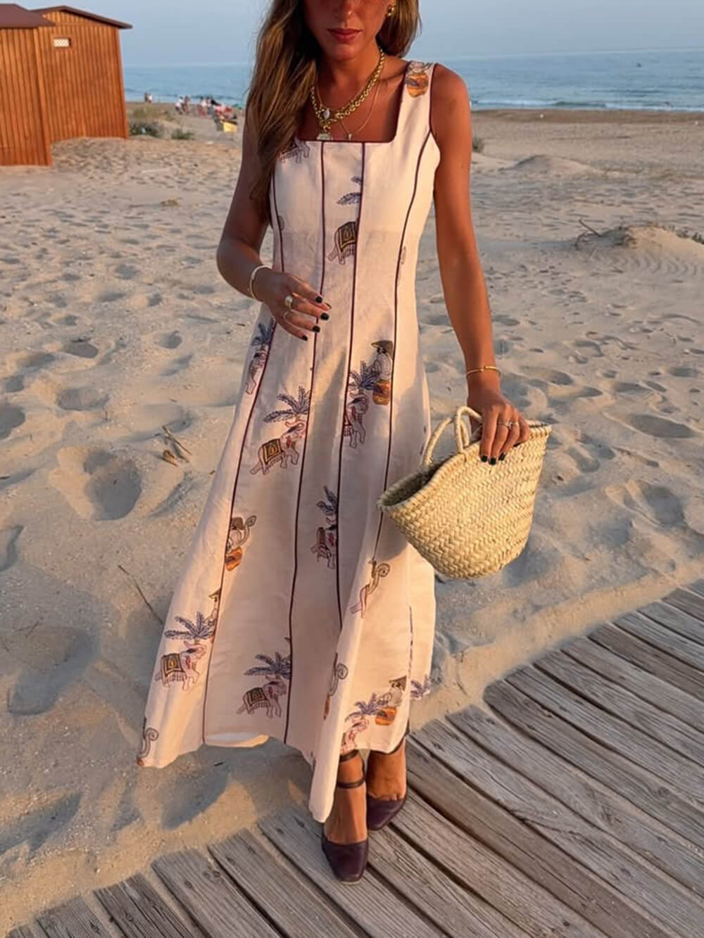 Elegant Patchwork Print Square Neck A-Line Midi Dress