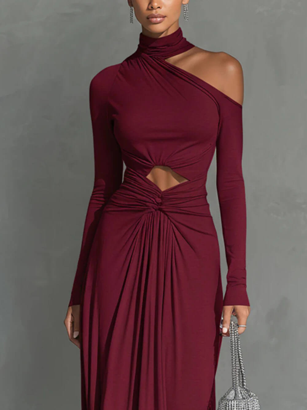 Exquisite One-Shoulder Cutout Pleated Maxi Dress