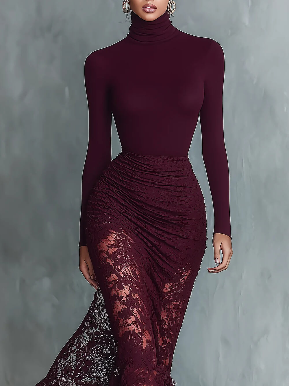 Fashionable Elegant High-Neck Lace-Trimmed Fitted Maxi Dress