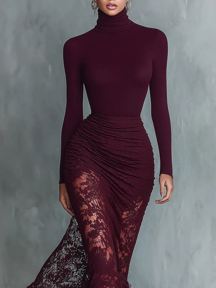 Fashionable Elegant High-Neck Lace-Trimmed Fitted Maxi Dress