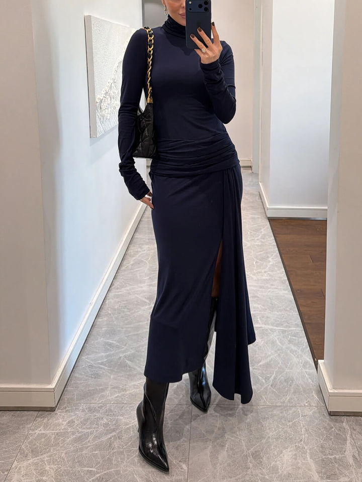 Elegant Navy Ruched Waist Slit Maxi Dress