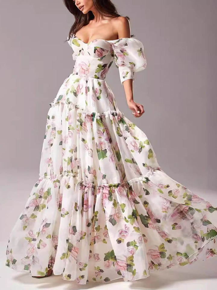 Elegant And Fashionable Off-Shoulder Printed Organza Evening Gown Maxi Dress