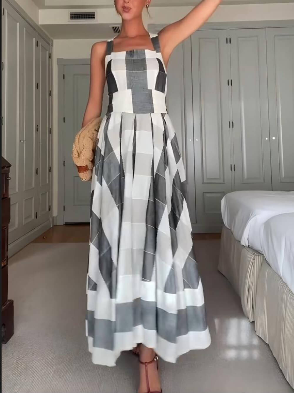 Classic Casual Plaid Print Pleated A-Line Maxi Dress