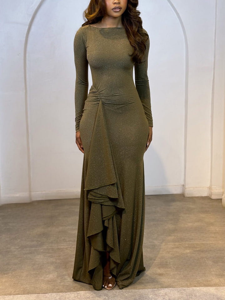 Elegant Asymmetric Ruched Ruffle Maxi Dress