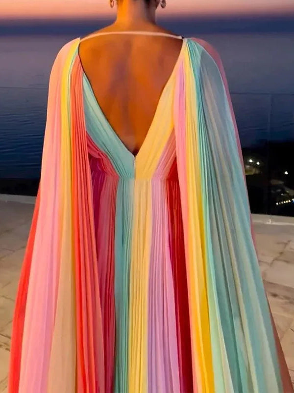 Elegant Pleated Rainbow Maxi Dress