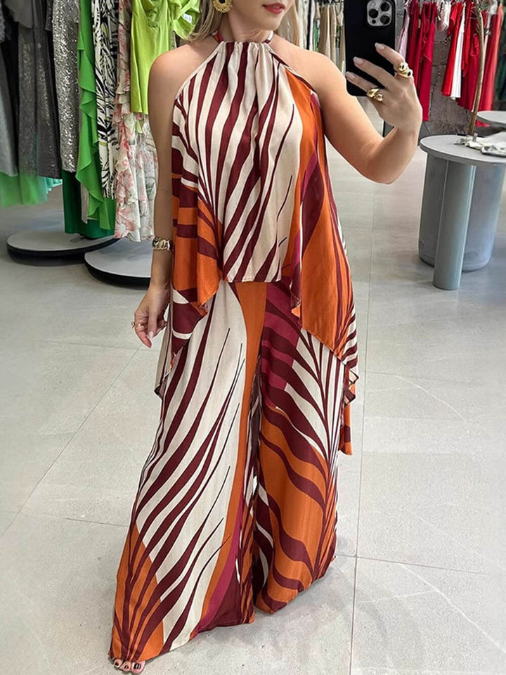 Fashionable Unique Positioning Print Long Sleeveless Top Wide Leg Pants Set