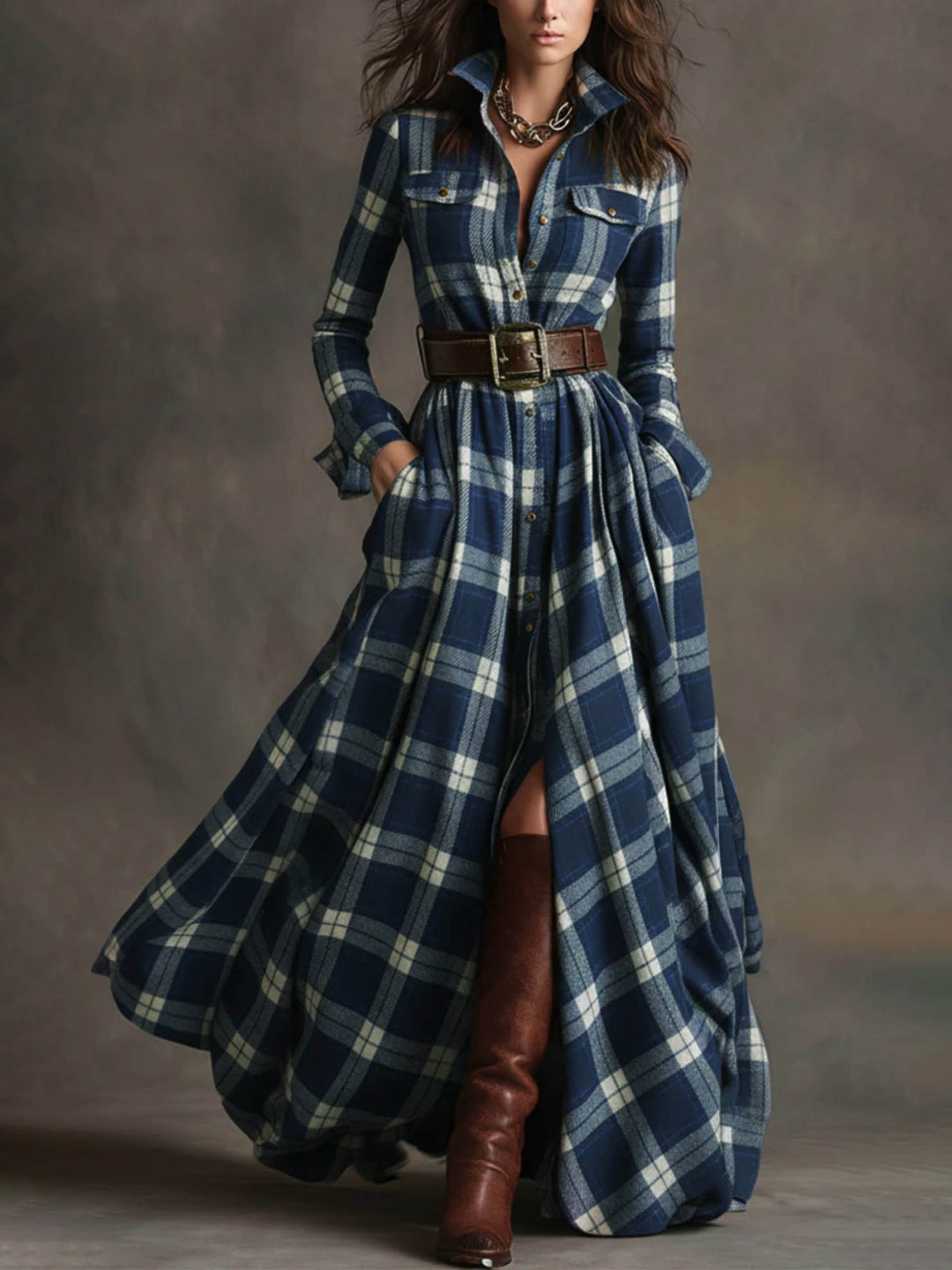 Retro Ethnic Style Plaid Maxi Dress
