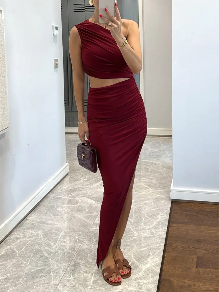 Sexy Asymmetrical Cut Draped High Slit Maxi Dress