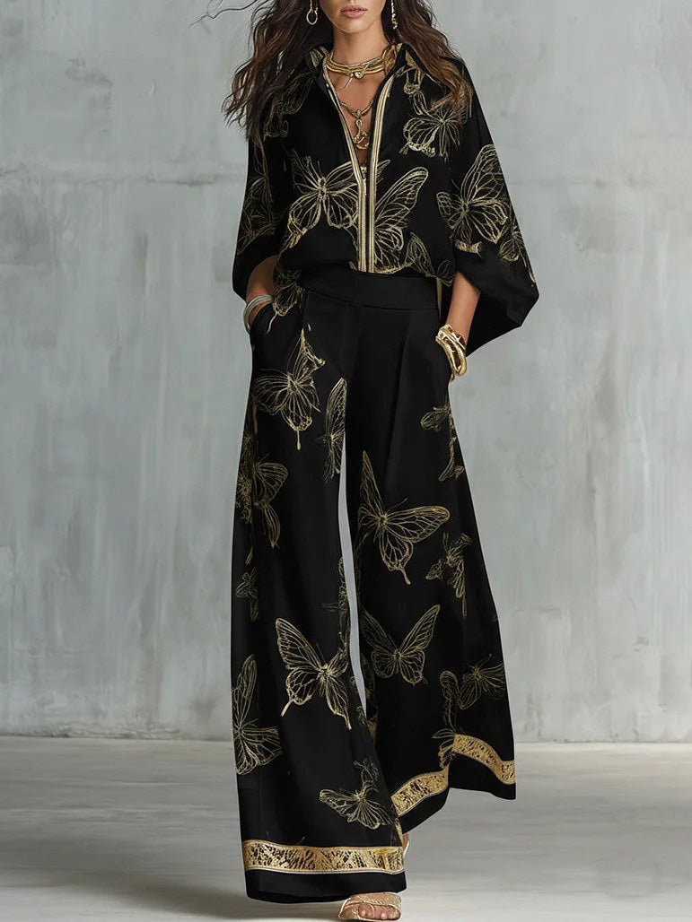 Elegant Butterfly Print Zip Shirt