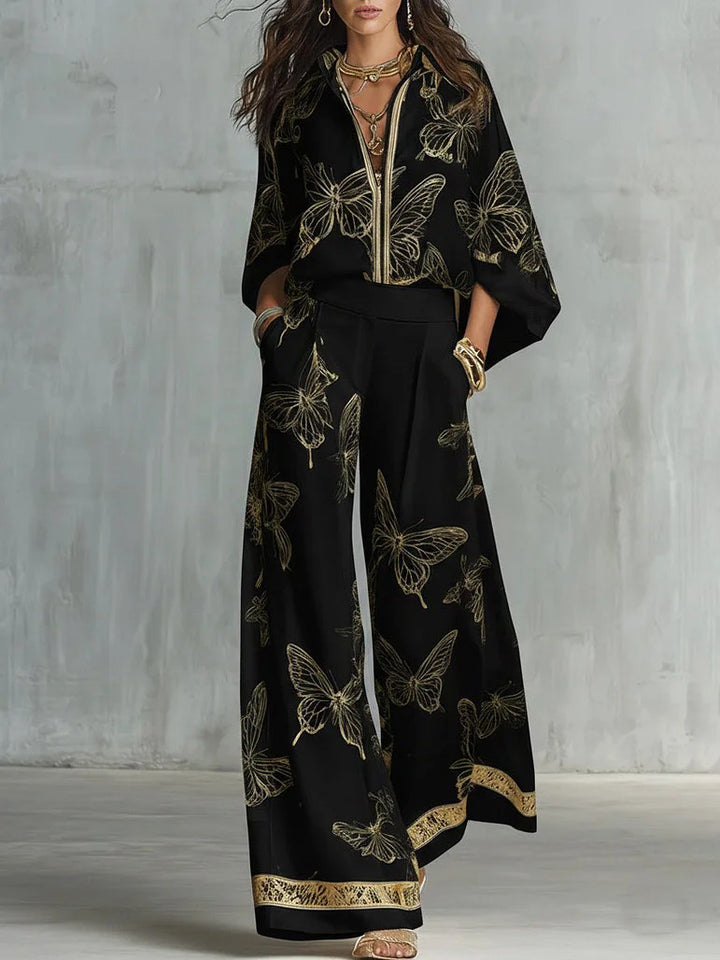 Elegant Butterfly Print Zip Shirt