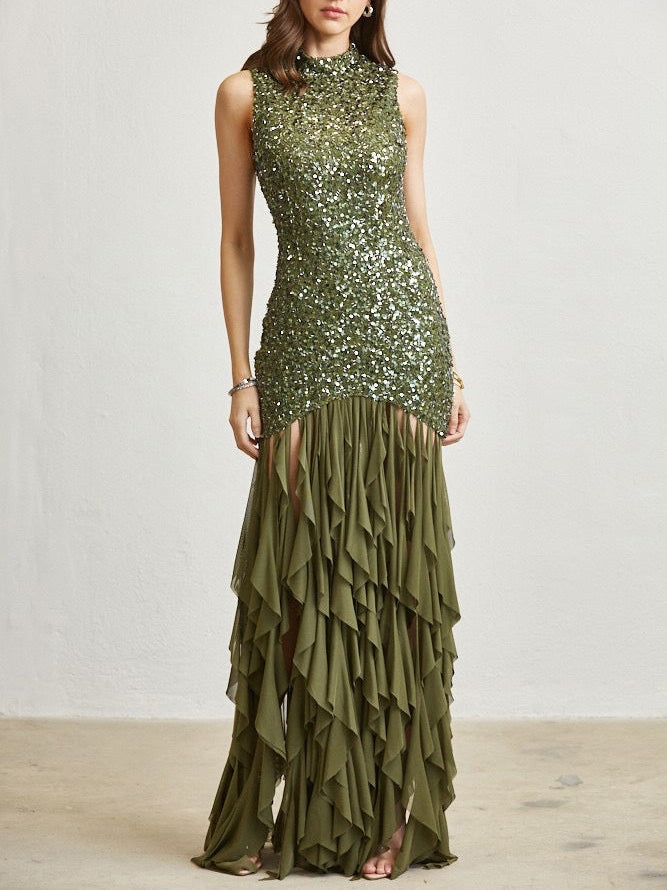 Elegant Sequined Backless High-neck Maxi Dress