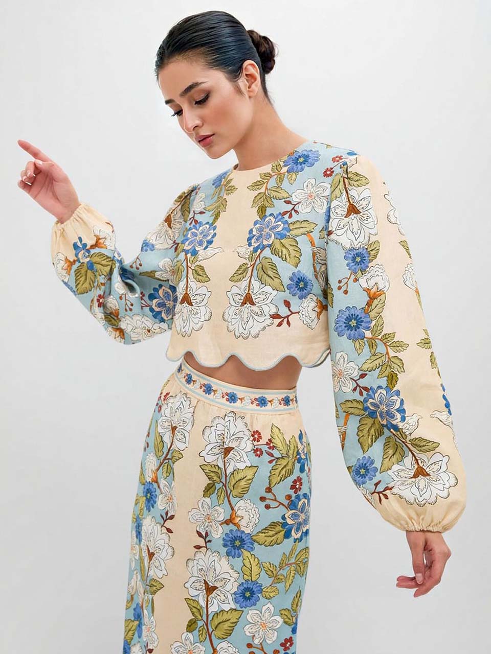 Retro Floral Embroidered Crop Top & Midi Skirt Two-Piece Set