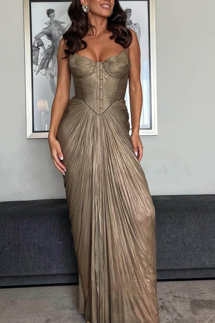 Elegant Pleated Metallic Tie-Waist Party Slit Gown Maxi Dress