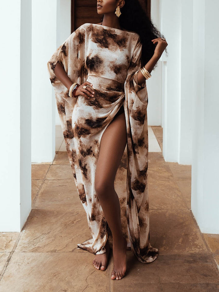 Elegant One-shoulder Tie-dye Floral Print Draped Maxi Dress