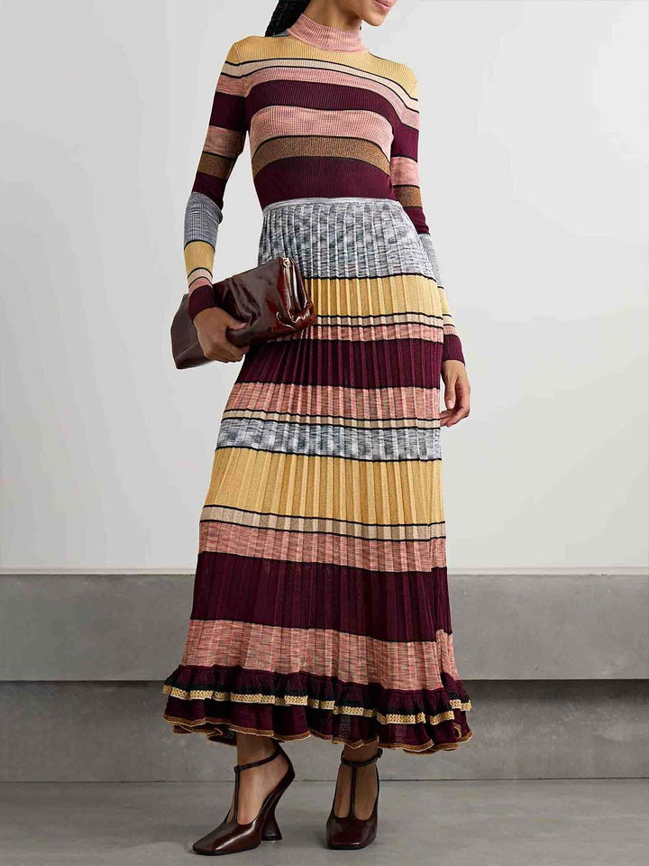 Exquisite Colorful Striped Ruffled Knit High-Neck Maxi Dress