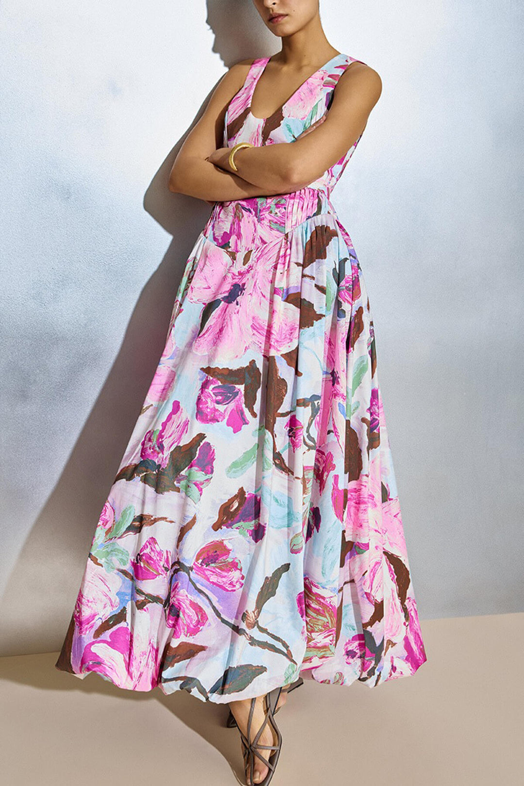 Exquisite Floral Print Pleated Maxi Dress
