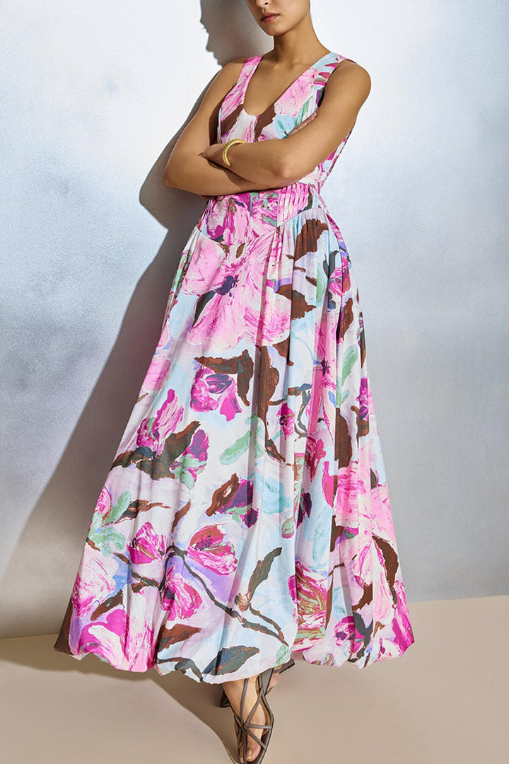 Exquisite Floral Print Pleated Maxi Dress