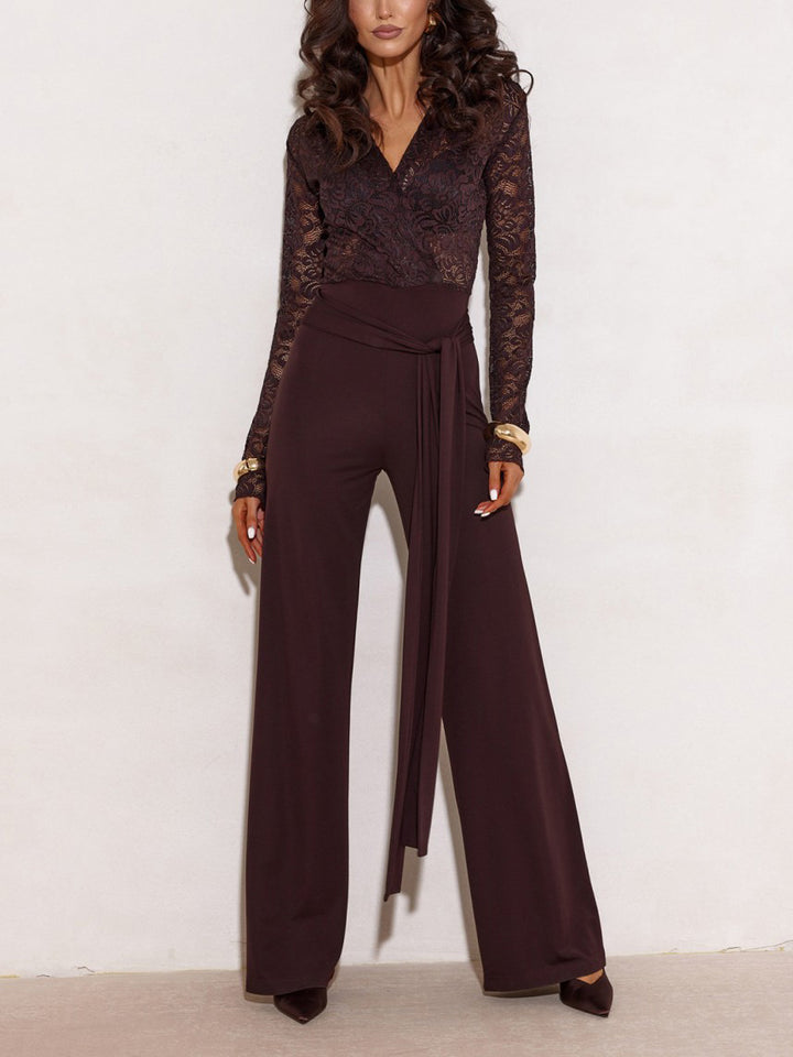 Elegant V-Neck Lace Long-Sleeve Tie-Waist Jumpsuit