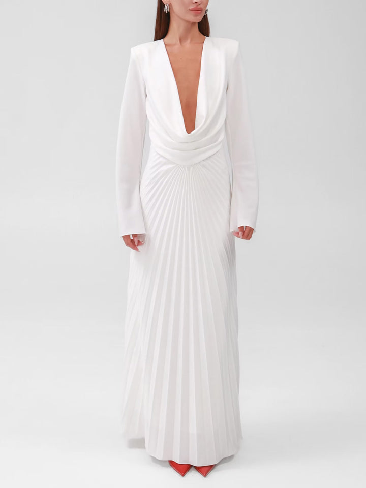 Elegant Draped Neckline Pleated Maxi Dress