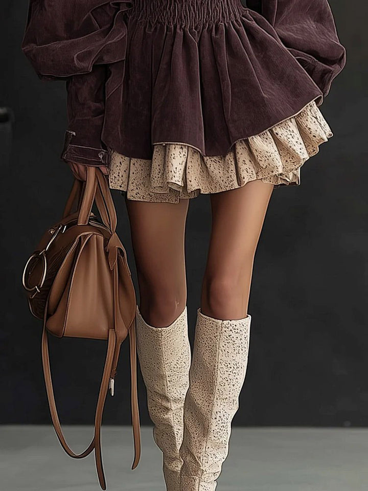 Elegant High-neck Puff Sleeve Corduroy Mini Dress