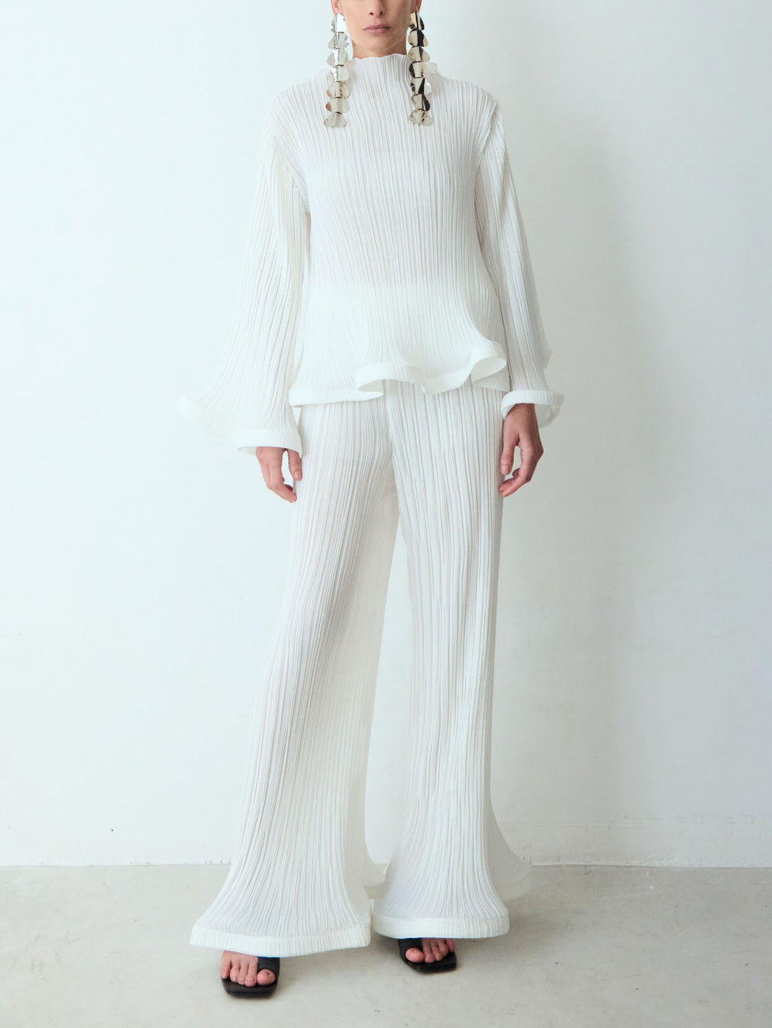 Elegant Ruffled Pleated Long-Sleeve Top