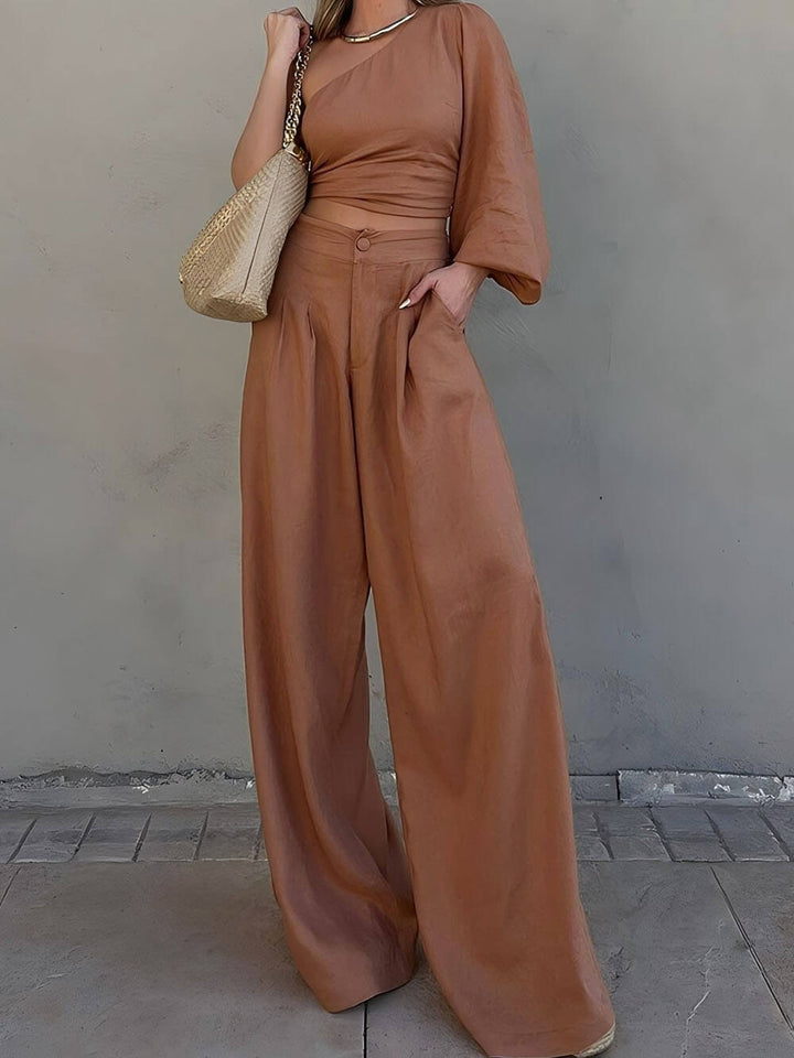 Fashionable Temperament Solid Color Oblique Collar Top Waist Trousers Suit