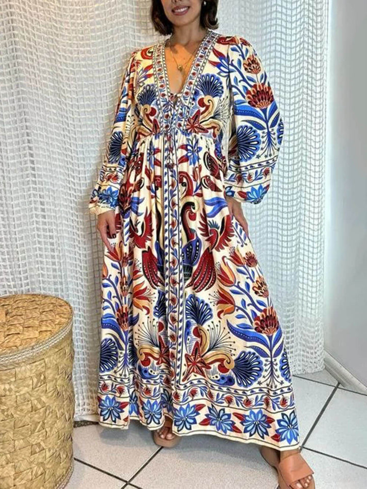 Classic Unique Floral Print Lace-Up Loose Maxi Dress