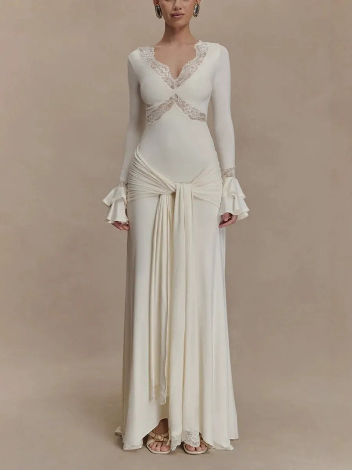 Sexy Lace Panel Trumpet Sleeve Maxi Dress