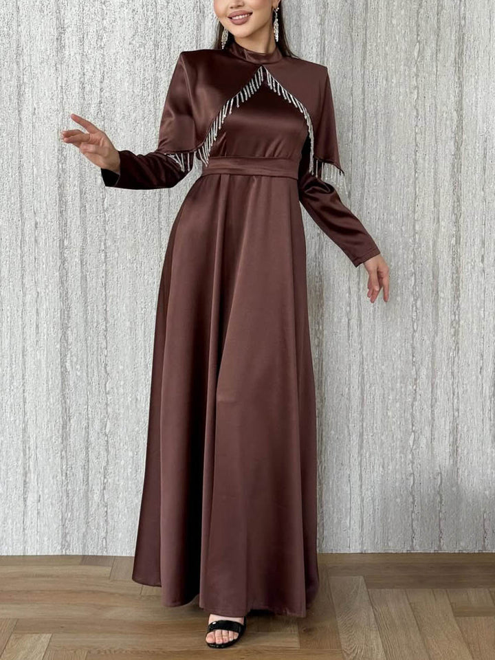 Elegant Satin Cape-Detail Long-Sleeve Maxi Dress