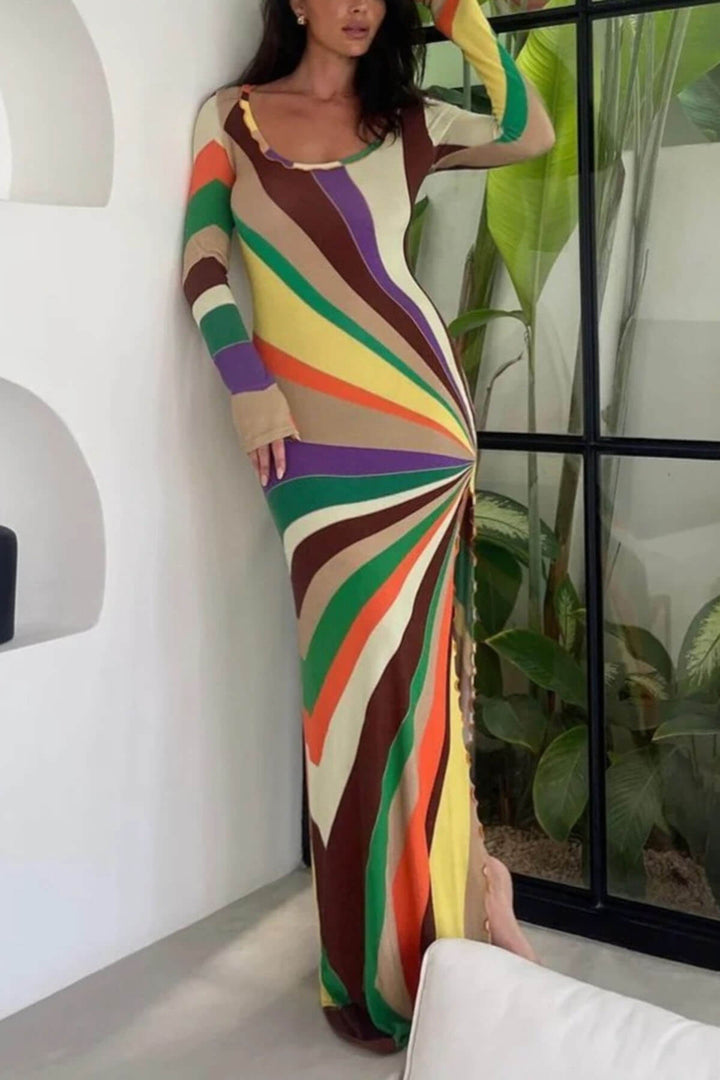 Fashion Multi-colored Long-sleeved Slim-fit Slit Maxi Dress