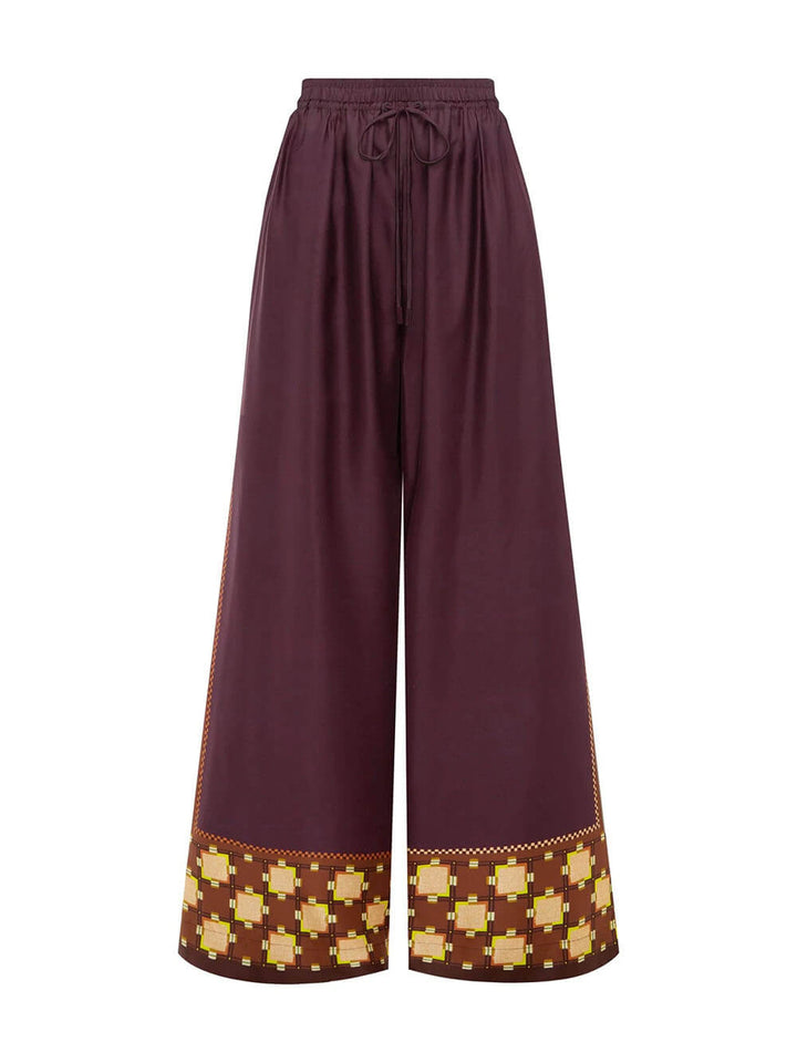 Unique Paisley Color-Block Satin Elastic Waist Wide-Leg Pants