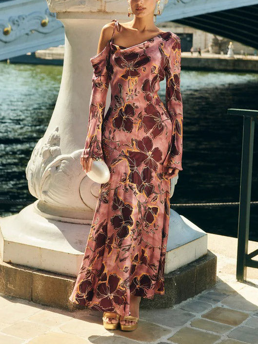 Elegant Satin Printed Bell Sleeve Maxi Dress