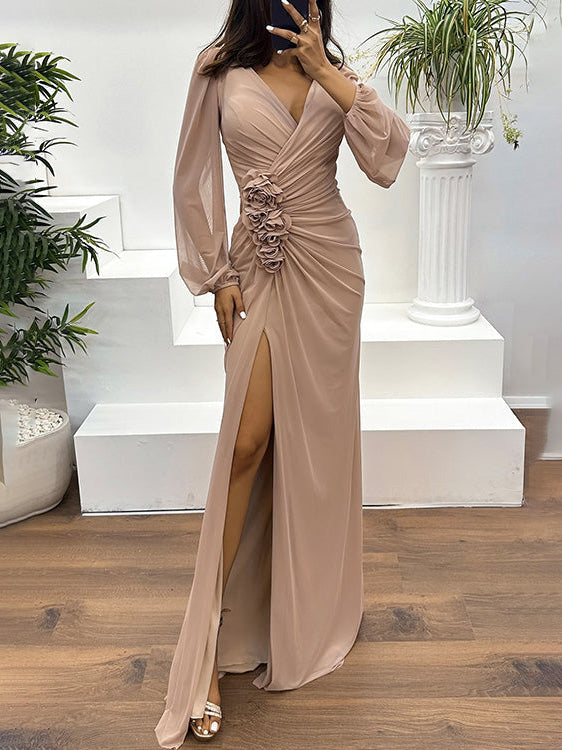 Elegant V-Neck Ruched Floral Slit Maxi Dress