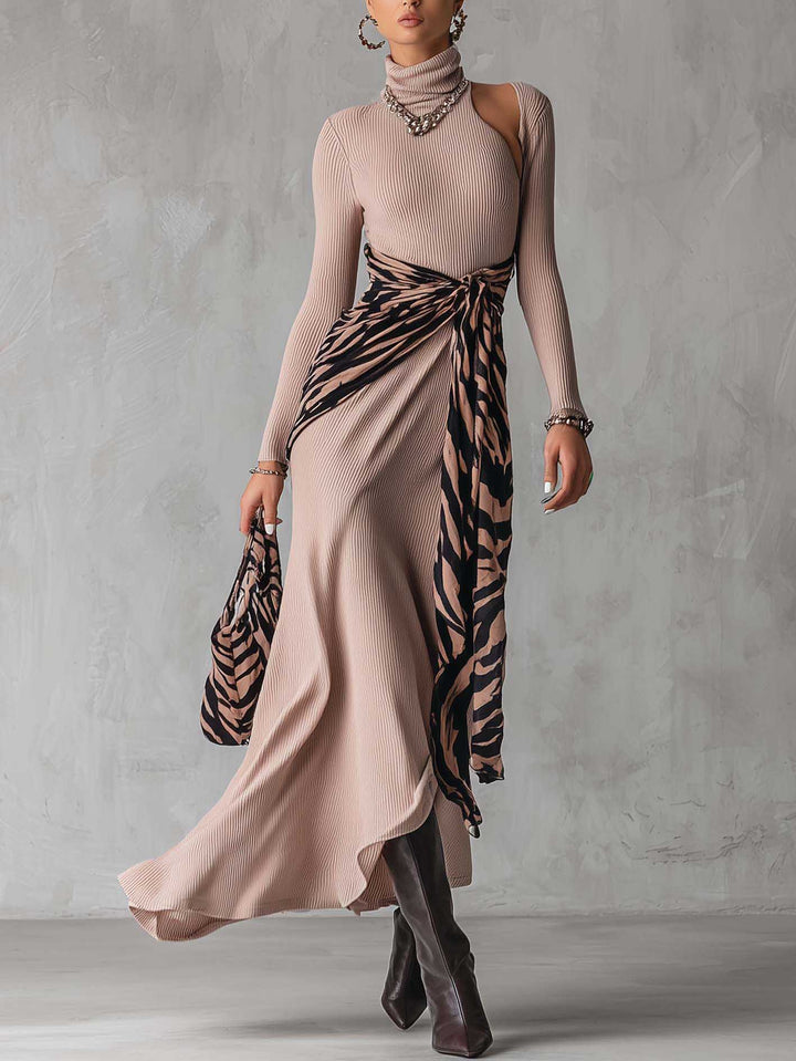 Casual High-Neck Geometric Patchwork Knit Maxi Dress