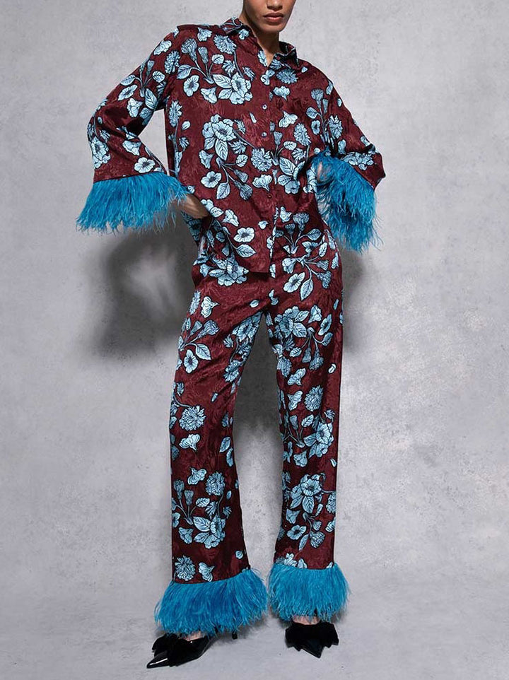 Retro Floral Print Satin Feather Long-sleeved Two-piece Suit