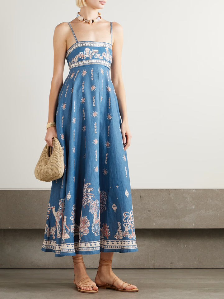 Exquisite And Fun Printed Suspender Maxi Dress