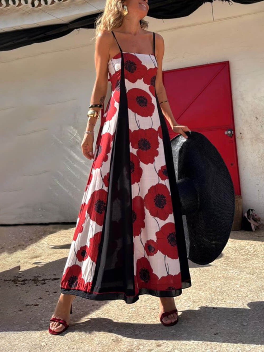 Unique Poppy Print Patchwork Maxi Dress