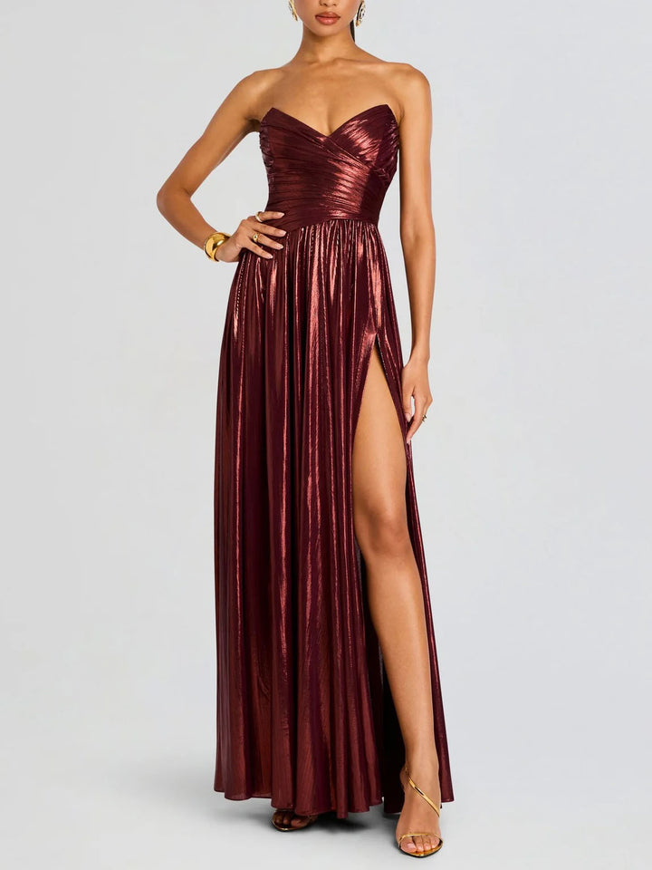 Elegant Strapless Metallic Pleated Floor-length Maxi Dress