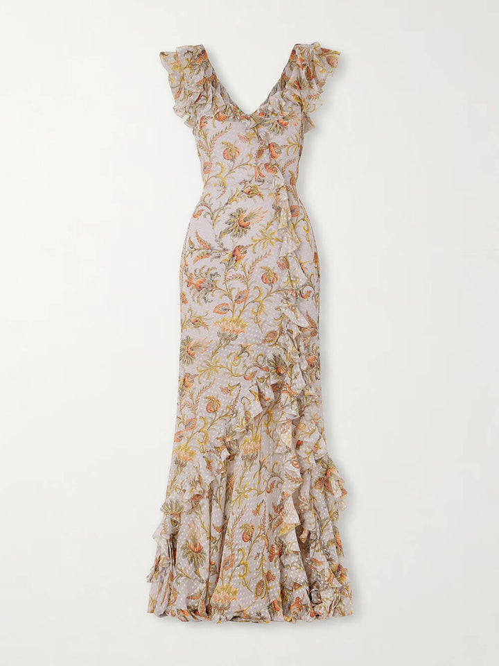 Fashion Off-Shoulder Ruffle Print Side-Slit Maxi Dress