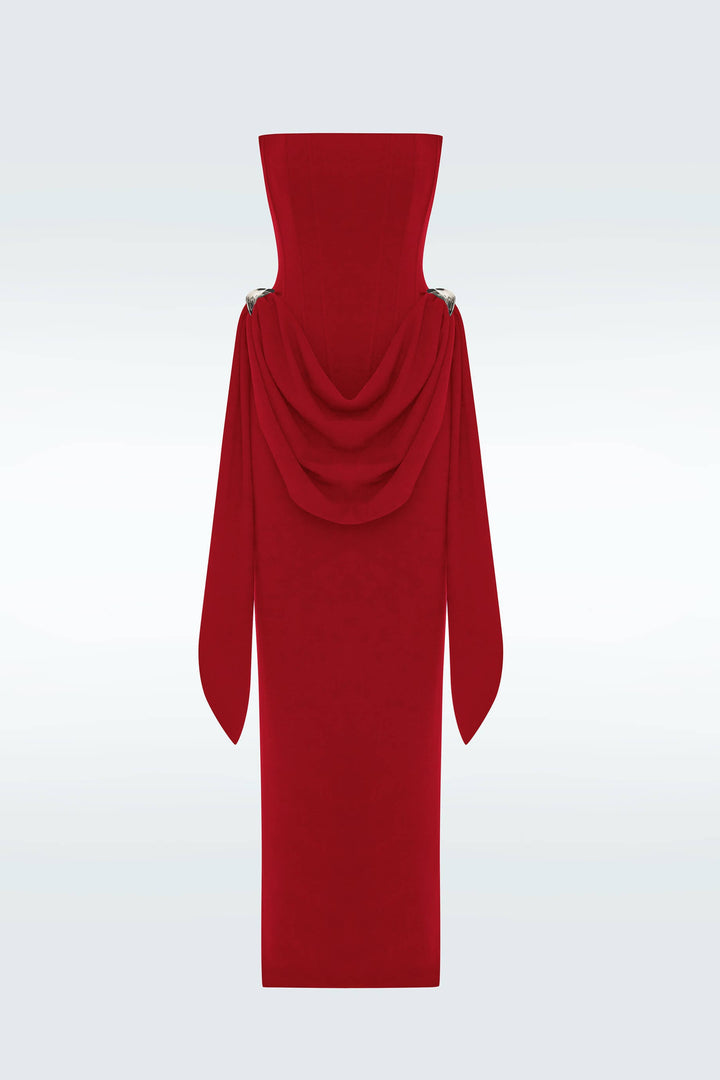 Elegant Red Strapless Ruched Metal Buckle Detail Maxi Dress