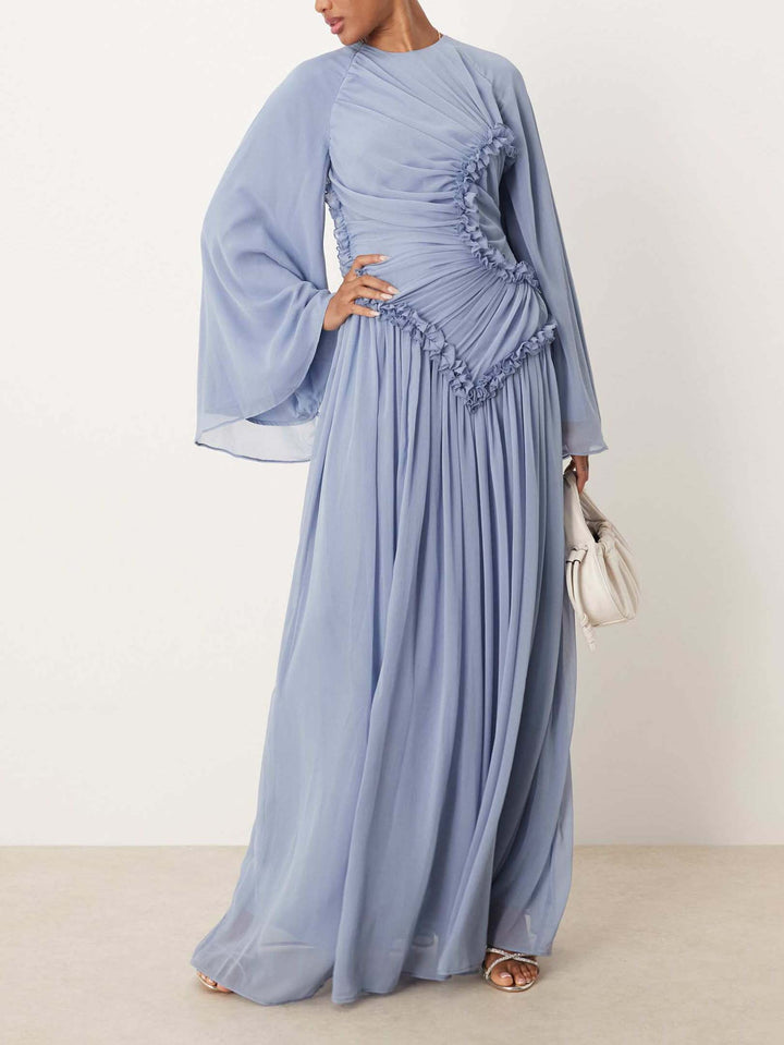 Elegant Pleated Ruffle-Trim Chiffon Maxi Dress