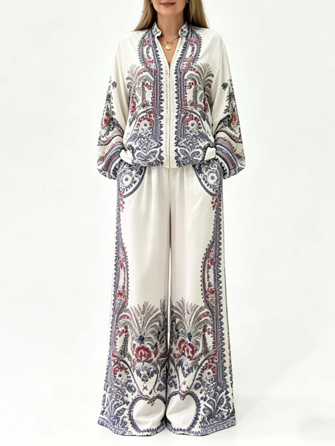 Elegant Paisley Print Zip-Up Long Sleeve Shirt