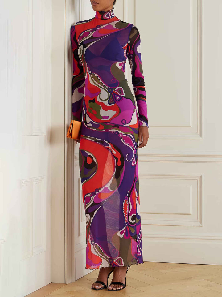 Unique Psychedelic Mesh Print Maxi Dress