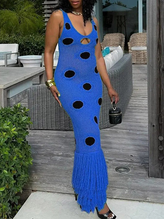 Exquisite Crochet Polka Dot Tassel Maxi Dress