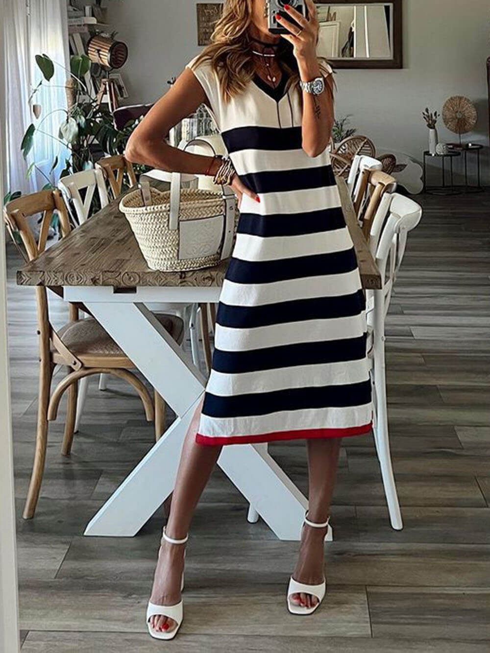 Classic Stripe Print V-Neck Slit Hem Dress