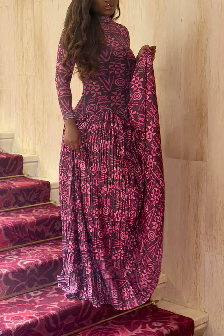 Unique Geometric Print Pleated High-Neck Maxi Dress
