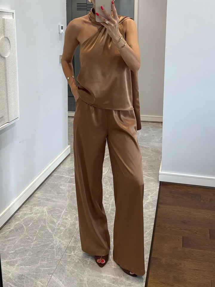 Elegant Satin Ribbon Neckline Top And Pants Two-piece Set