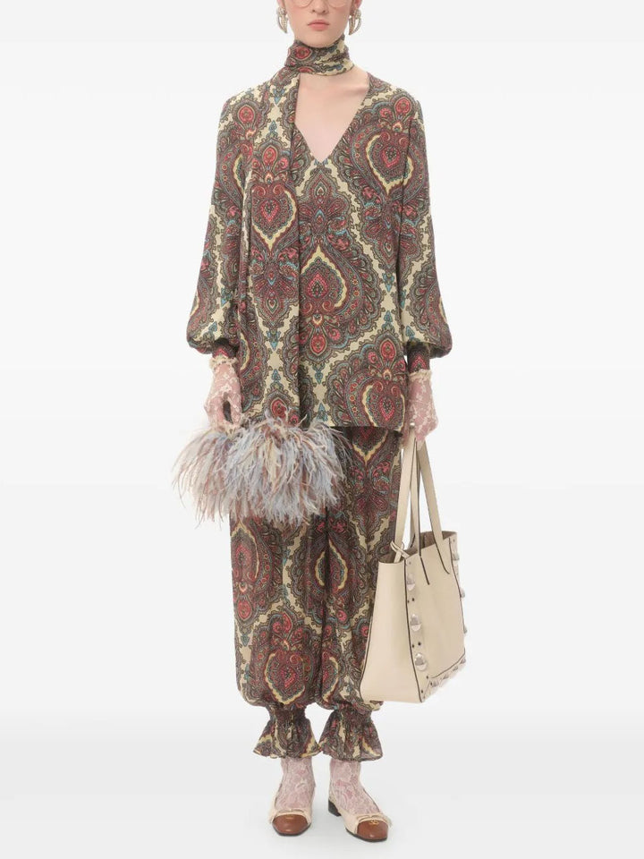 Retro Paisley Print Ruffled Hem Pants